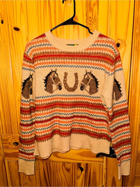 Kiel James Patrick Sweaters - Kiel James Patrick Cream Crewneck with Horse & Striped Fair Isle
